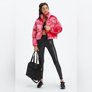 Fabletics Strawberry Red Crushed Velvet Wander Oversized Cropped Puffer Jacket